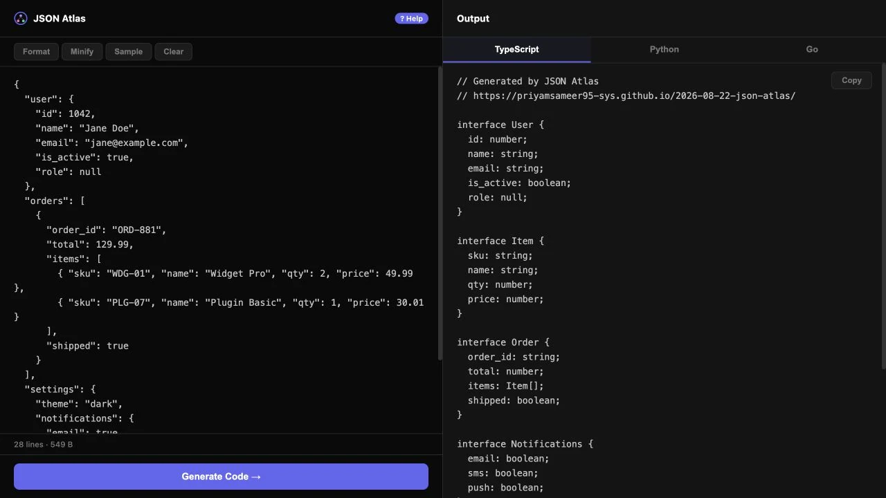 JSON Atlas original JSON editor beside generated TypeScript interfaces