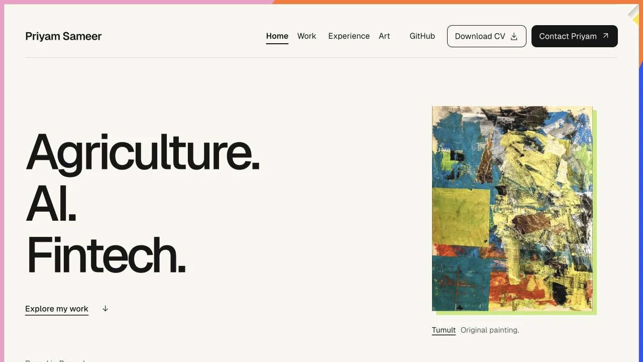 Priyam Sameer original portfolio landing page with painting and agriculture AI fintech headline