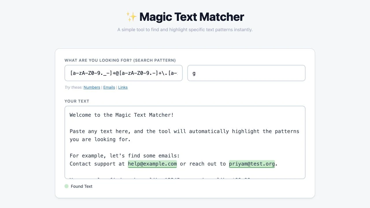 Magic Text Matcher original live pattern editor and highlighted email matches