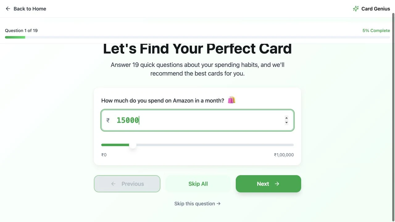 Rocket Card Finder original spending questionnaire with an illustrative monthly amount