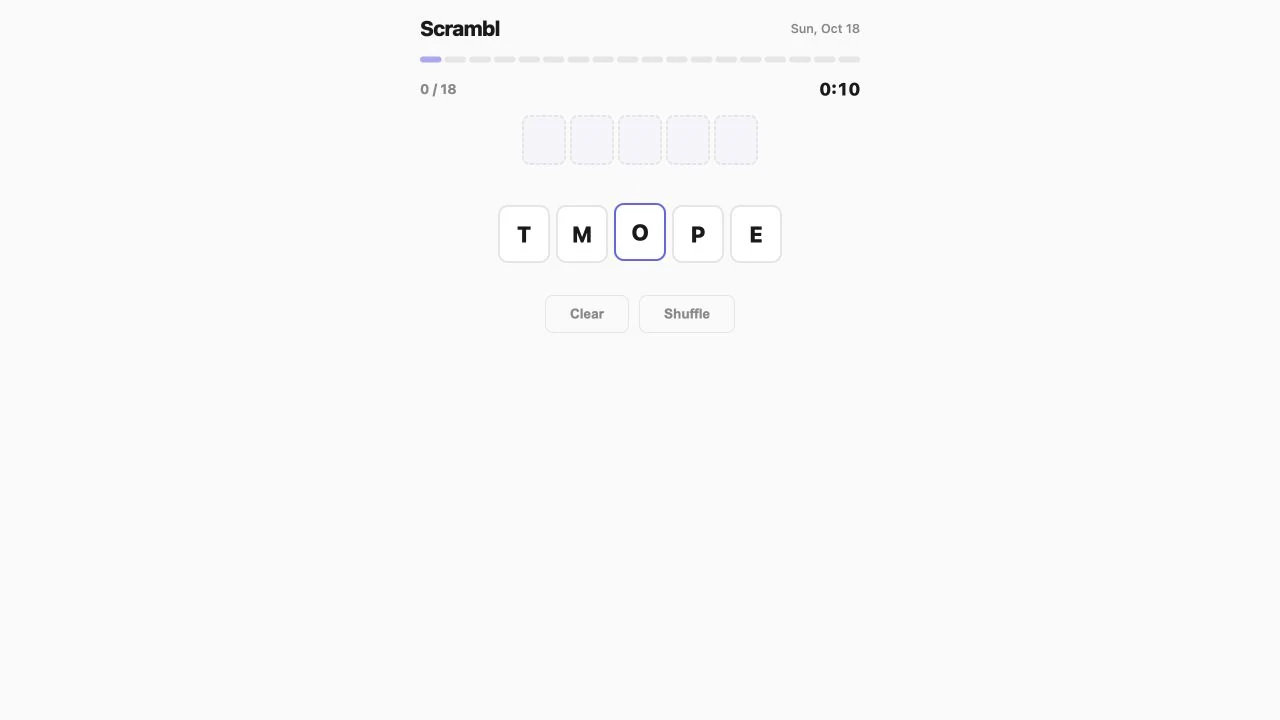 Scrambl original timed word game showing letter tiles and score