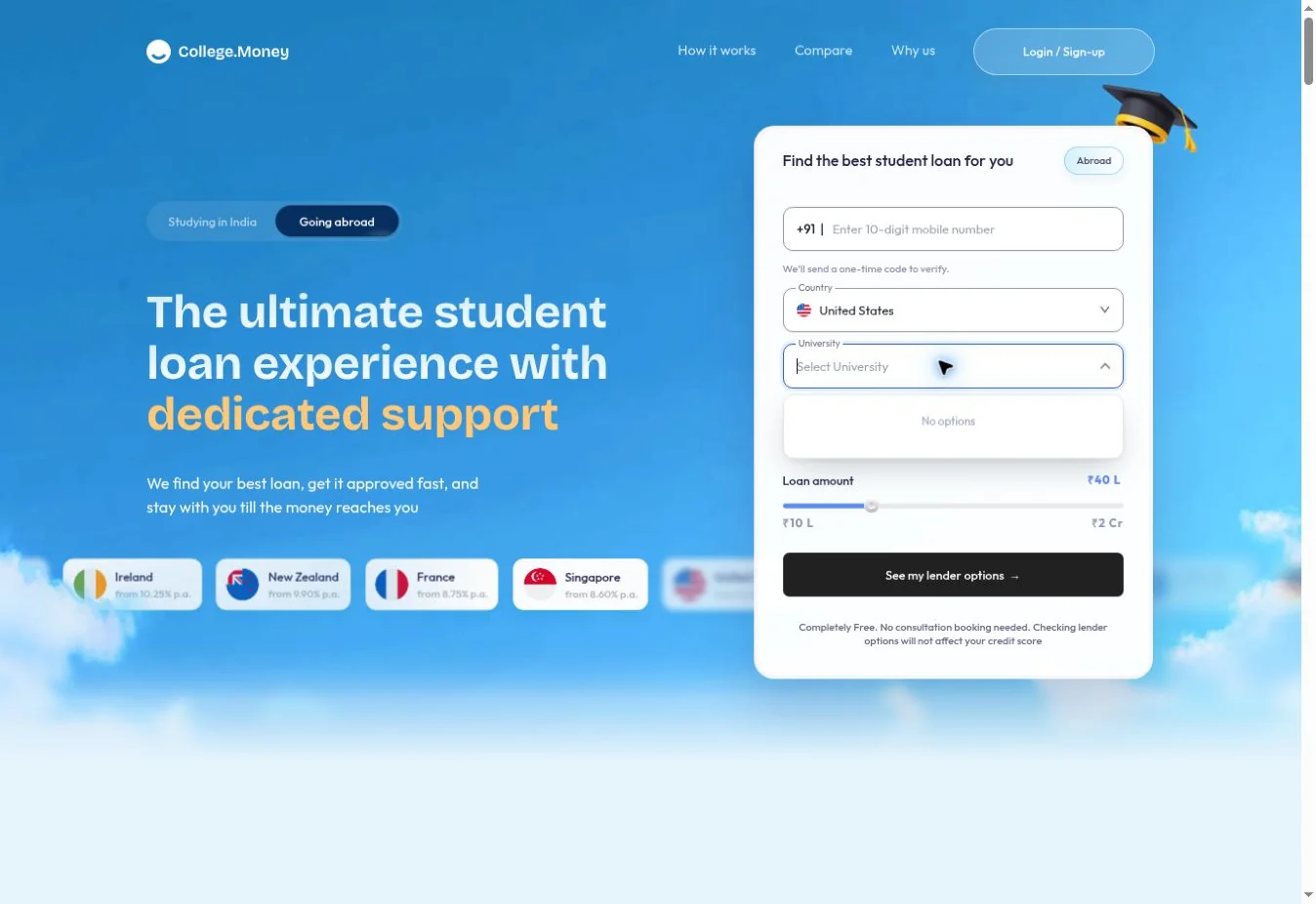 University selector before its destination-dependent options load