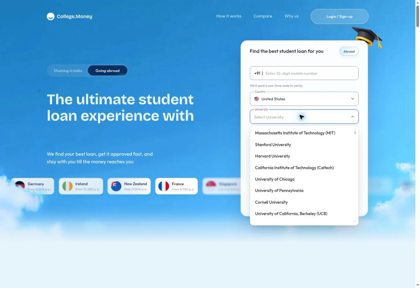 University options for the selected United States destination