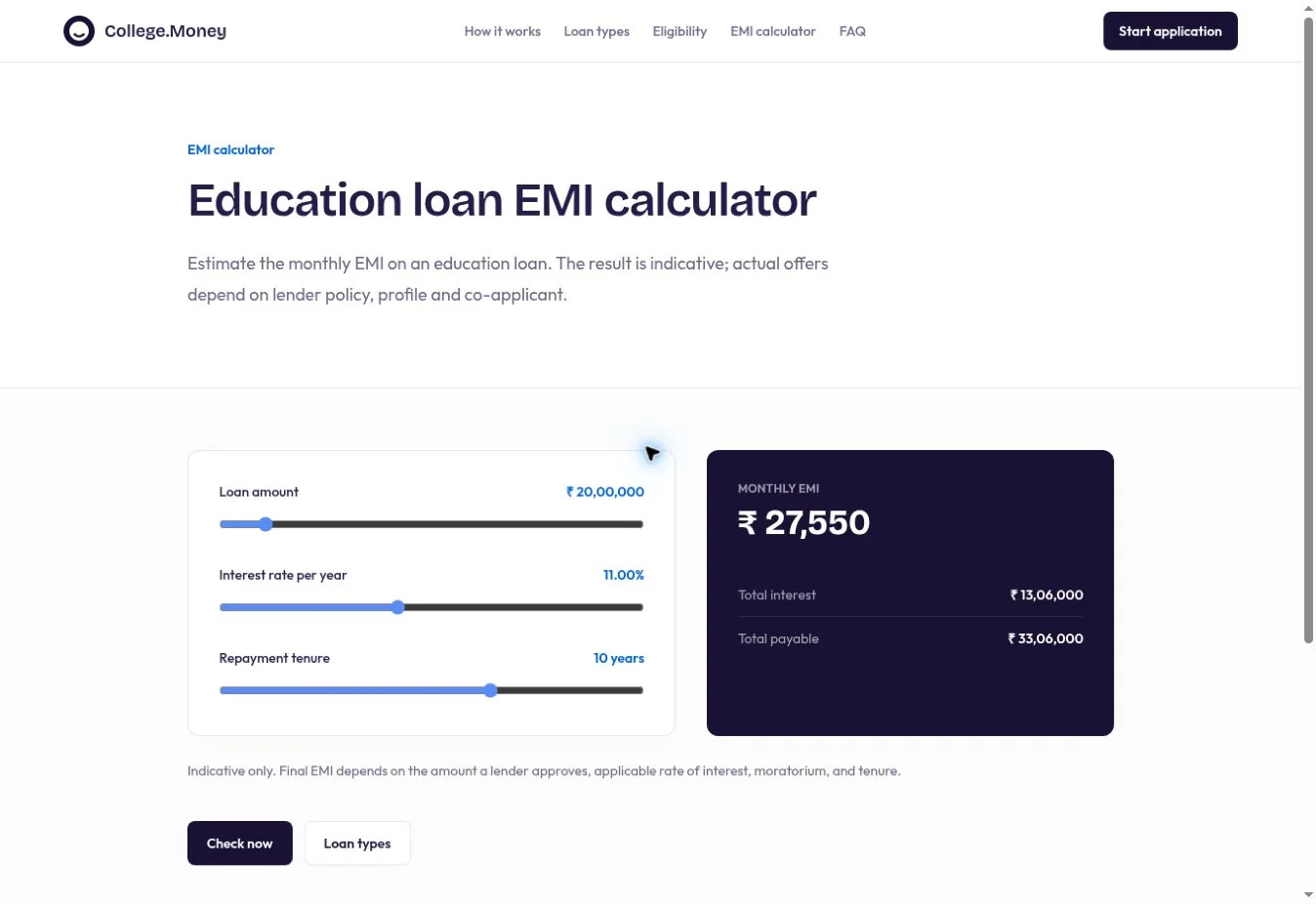 Indicative EMI calculator in its default state