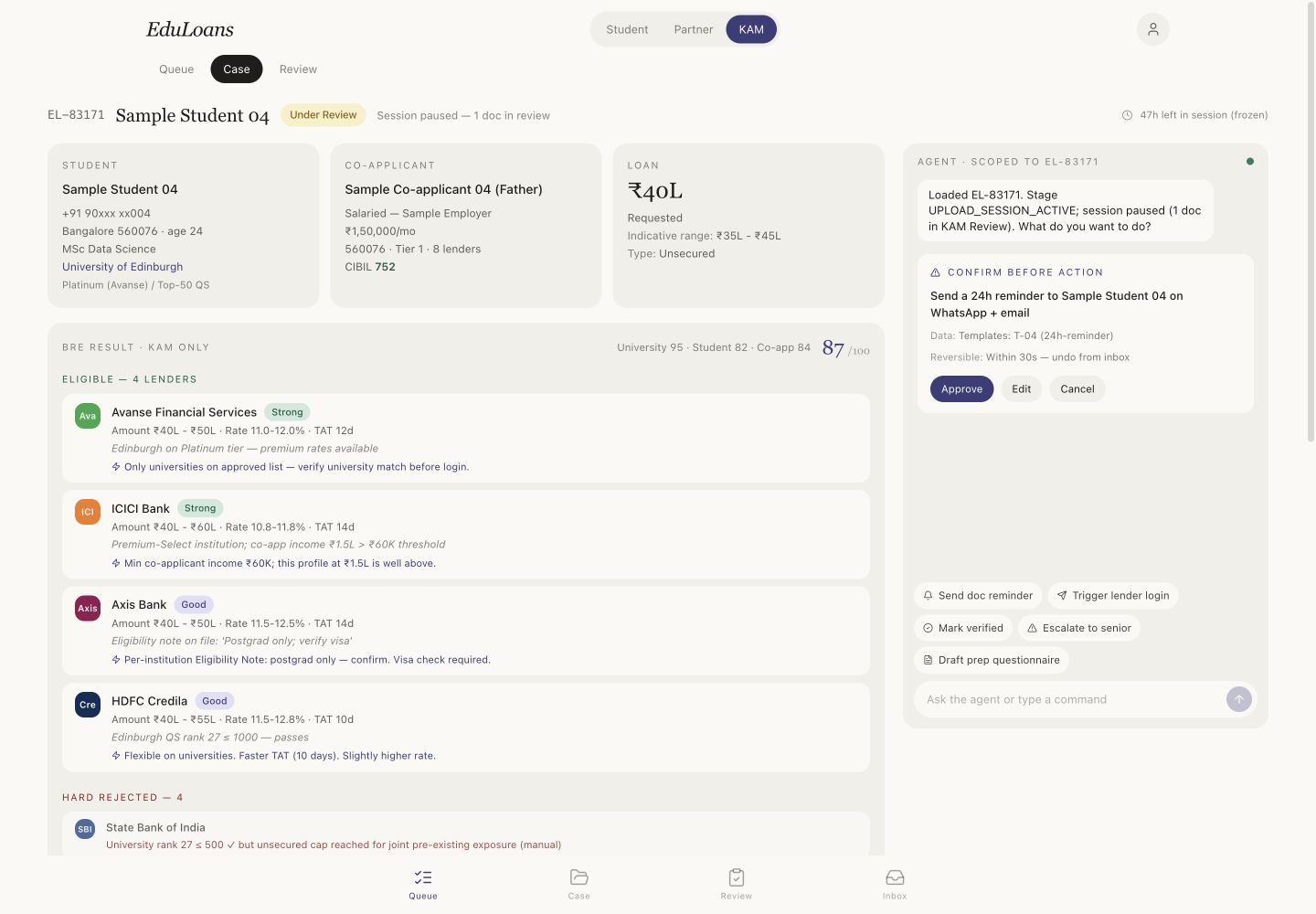 KAM case inspector and confirmation before an action